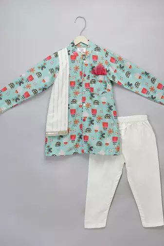 Blue printed cotton silk kurta pyjama