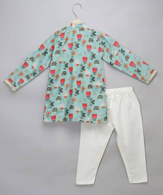 Blue printed cotton silk Boy's Kurta Pyjama 2
