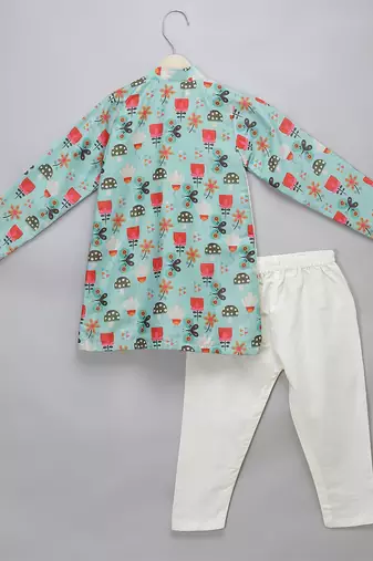 Blue printed cotton silk Boy's Kurta Pyjama
