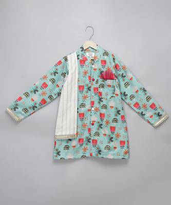 Blue printed cotton silk Boy's Kurta Pyjama 3