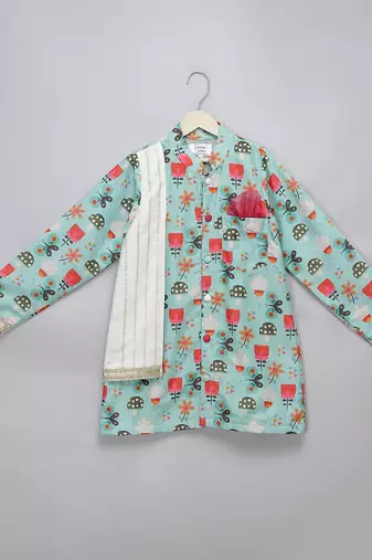 Blue printed cotton silk Boy's Kurta Pyjama