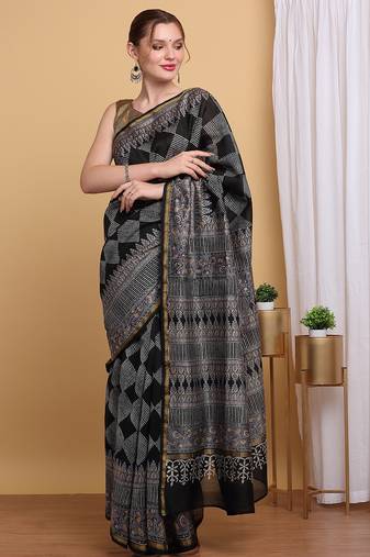 Black chanderi cotton silk block print saree