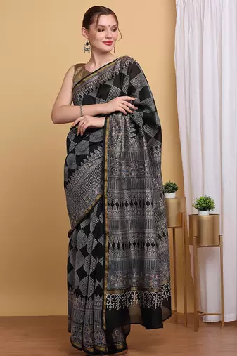Black chanderi cotton silk block print saree