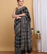 Black chanderi cotton silk block print saree