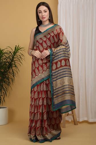 Maroon chanderi cotton silk block print saree