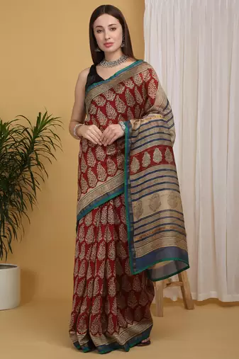 Maroon chanderi cotton silk block print saree