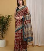 Maroon chanderi cotton silk block print saree