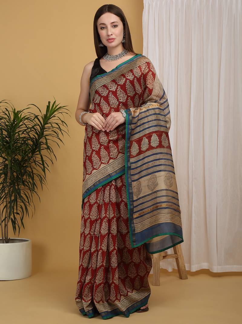 Maroon chanderi cotton silk block print saree