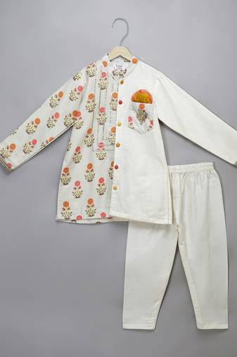 White printed cotton silk kurta pyjama