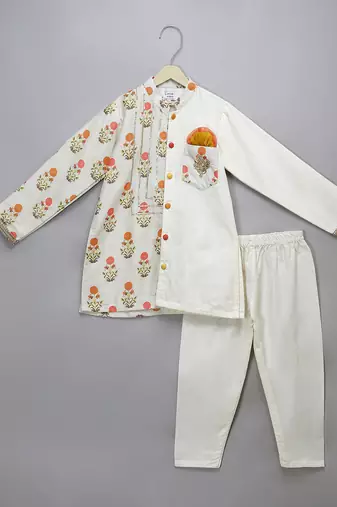 White printed cotton silk kurta pyjama