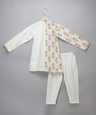 White printed cotton silk Boy's Kurta Pyjama 2