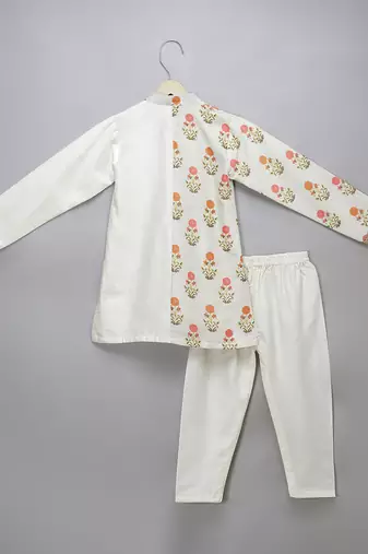 White printed cotton silk Boy's Kurta Pyjama