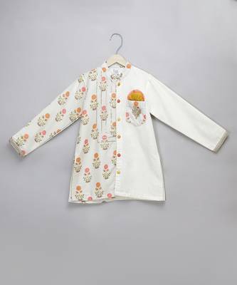 White printed cotton silk Boy's Kurta Pyjama 3