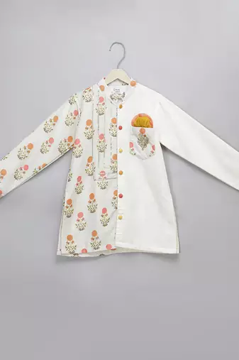 White printed cotton silk Boy's Kurta Pyjama