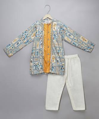 Multicolor printed cotton silk Boy's Kurta Pyjama 1