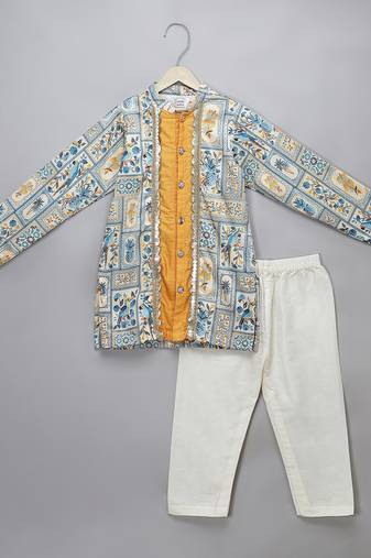 Multicolor printed cotton silk kurta pyjama