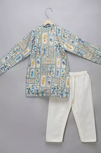Multicolor printed cotton silk Boy's Kurta Pyjama