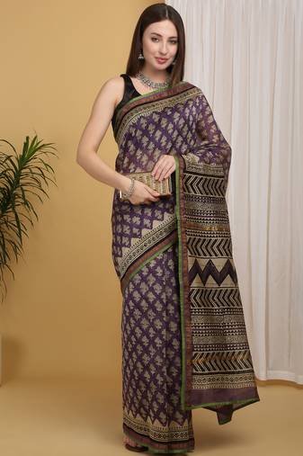 Purple chanderi cotton silk block print saree