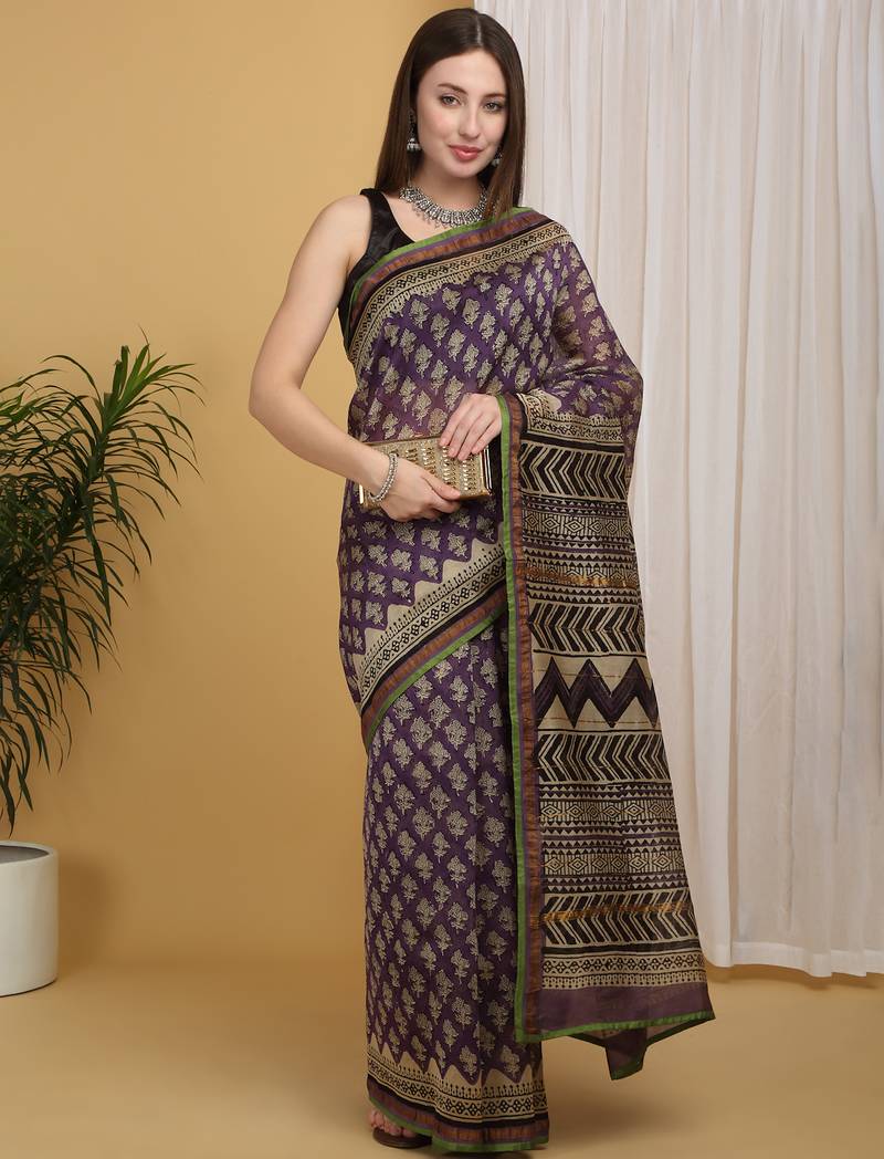 Purple chanderi cotton silk block print saree