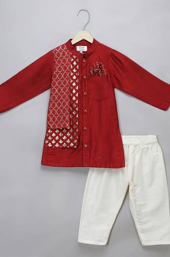Red printed cotton silk kurta pyjama
