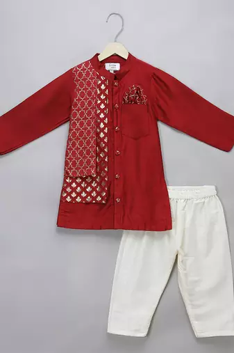 Red printed cotton silk kurta pyjama