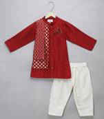 Red printed cotton silk kurta pyjama