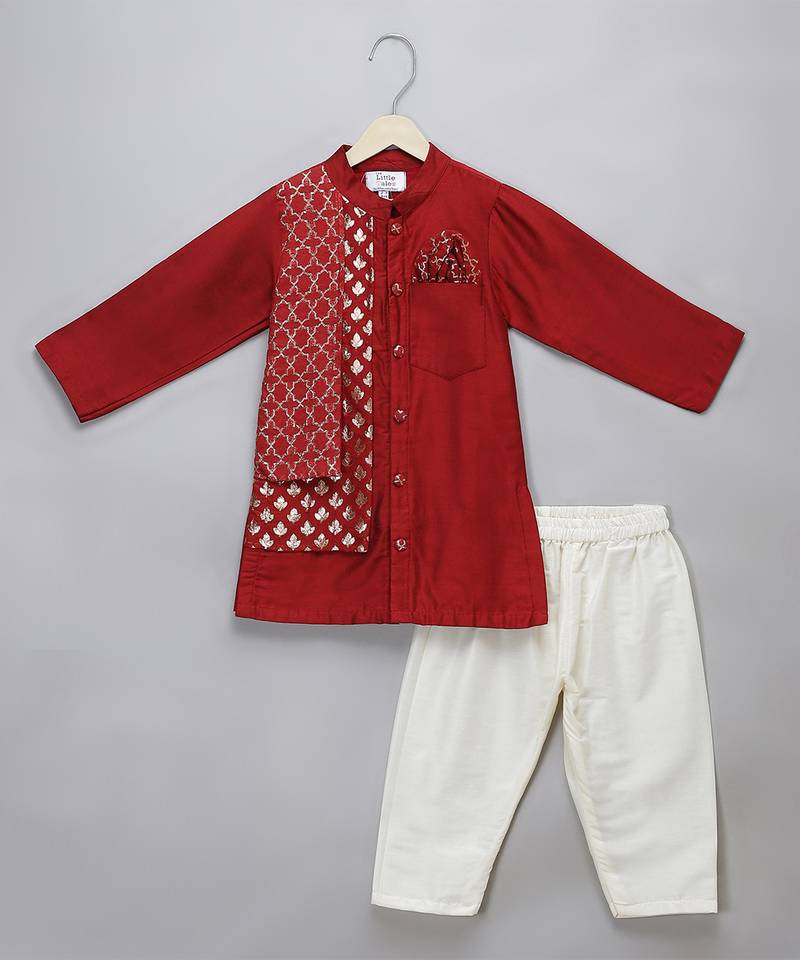 Red printed cotton silk kurta pyjama
