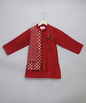 Red printed cotton silk kurta pyjama 3