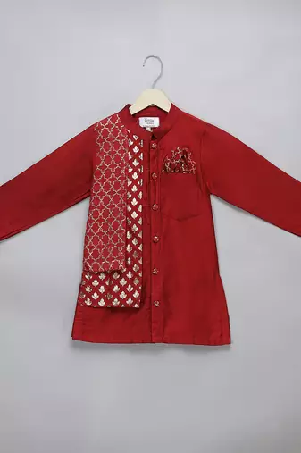 Red printed cotton silk kurta pyjama