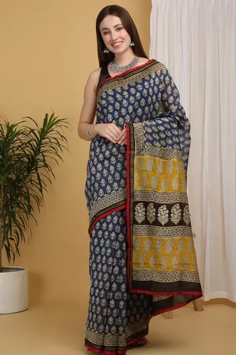 Blue chanderi cotton silk block print saree