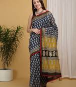 Blue chanderi cotton silk block print saree