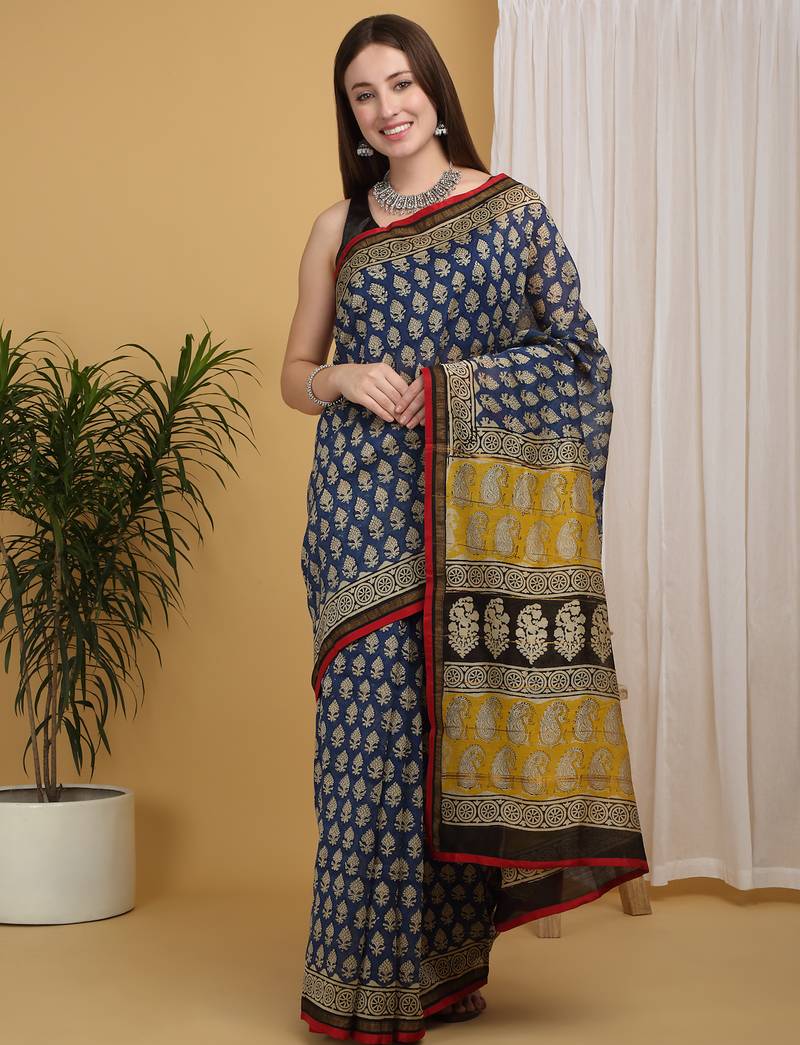 Blue chanderi cotton silk block print saree