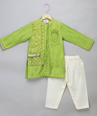 Green printed cotton silk Boy's Kurta Pyjama 1