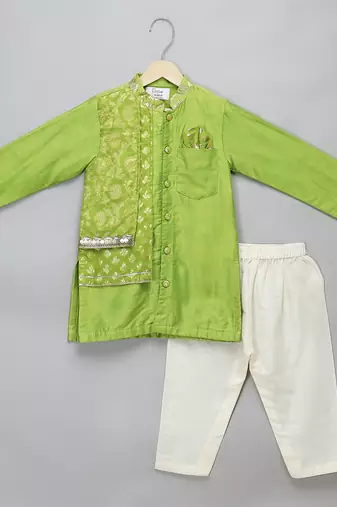 Green printed cotton silk kurta pyjama