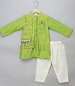 Green printed cotton silk kurta pyjama