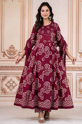 Wine floral embroidered round neck pure cotton kurta trouser dupatta set