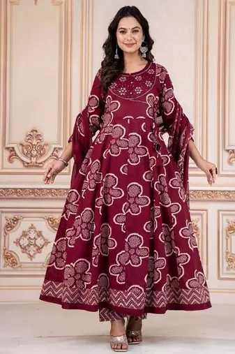 Wine floral embroidered round neck pure cotton kurta trouser dupatta set
