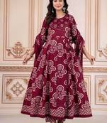 Wine floral embroidered round neck pure cotton kurta trouser dupatta set