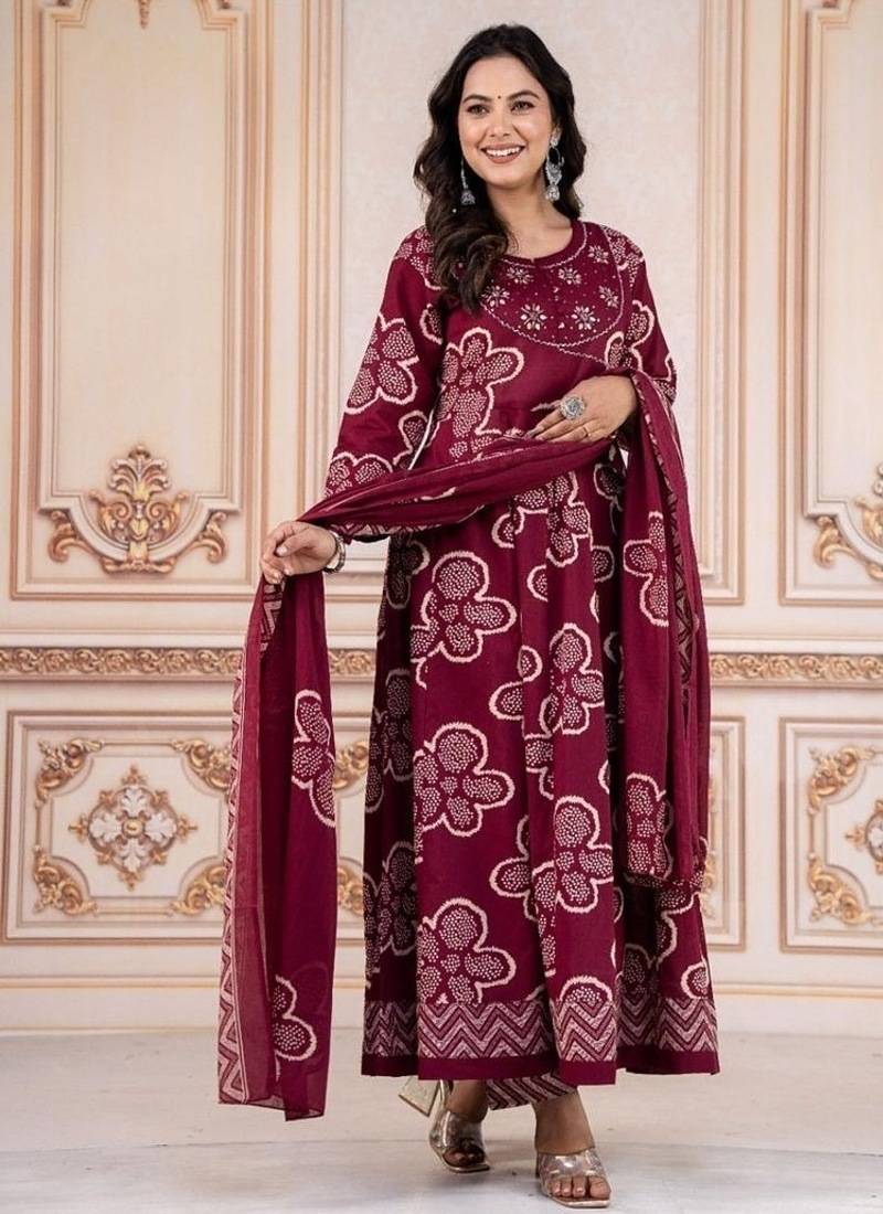 Wine floral embroidered round neck pure cotton kurta trouser dupatta set