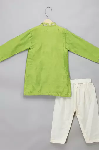 Green printed cotton silk Boy's Kurta Pyjama