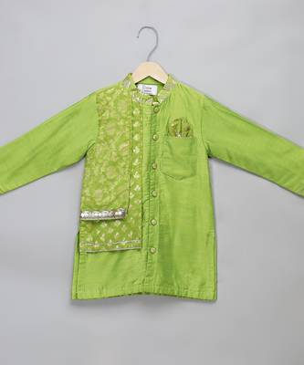 Green printed cotton silk Boy's Kurta Pyjama 3
