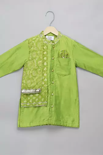 Green printed cotton silk Boy's Kurta Pyjama