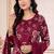 Wine floral embroidered round neck pure cotton kurta trouser dupatta set