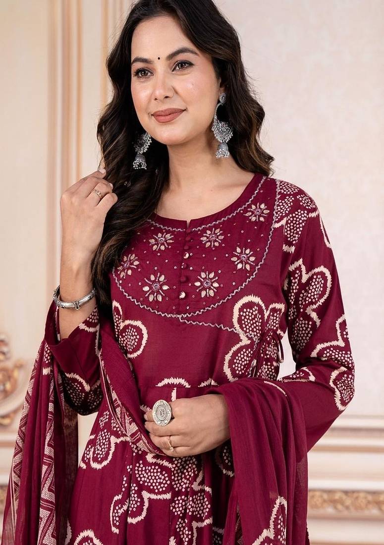 Wine floral embroidered round neck pure cotton kurta trouser dupatta set
