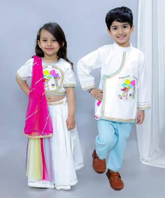 White printed cotton Boy's Kurta Pyjama 2