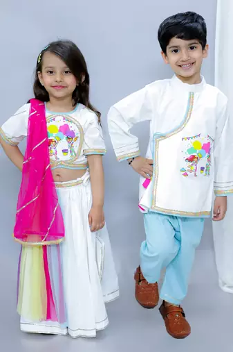 White printed cotton Boy's Kurta Pyjama
