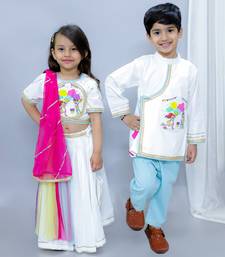 White printed cotton kurta pyjama