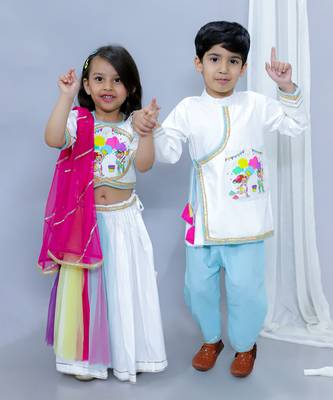 White printed cotton Boy's Kurta Pyjama 3