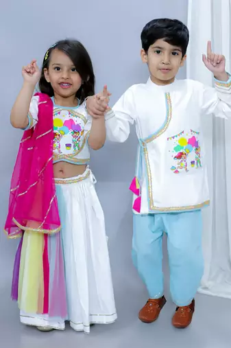 White printed cotton Boy's Kurta Pyjama