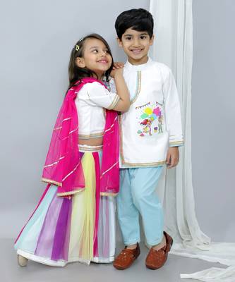 White printed cotton Boy's Kurta Pyjama 4